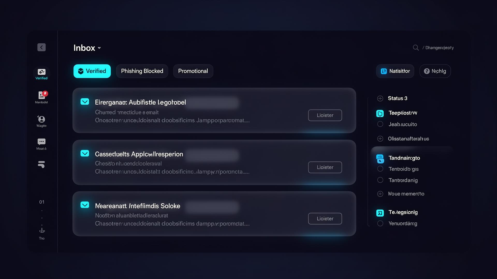 MissEmails inbox showing AI categorization with Verified, Phishing Blocked and Promotional labels